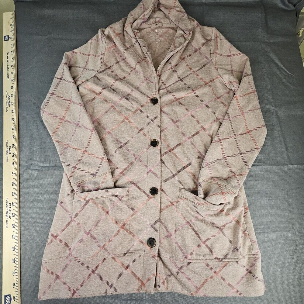 CUDDL DUDS COMFORTWEAR COLLAR BUTTON FRONT CARDIGAN TAN WARM BIAS CHECK XS